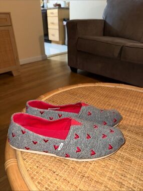 Toms Grey Slip-Ons with Red Heart Embroidery